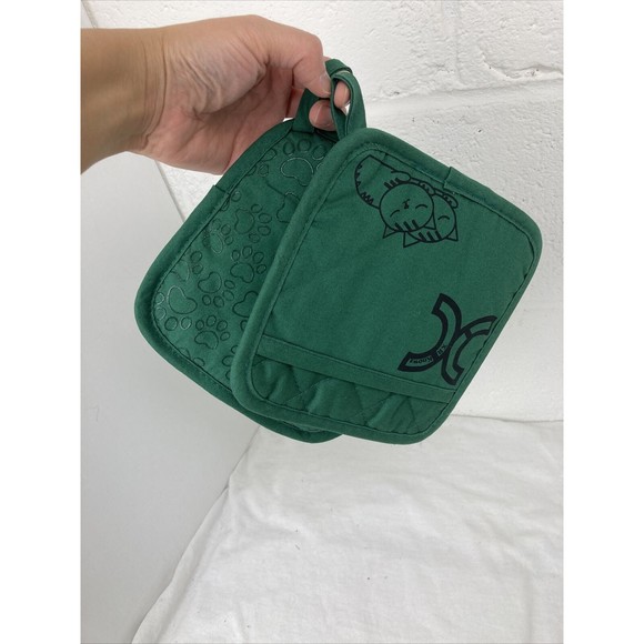 Green Cotton Silicone Paw print Cat Oven Mitts and Potholders Set Grill Glove - Picture 15 of 16